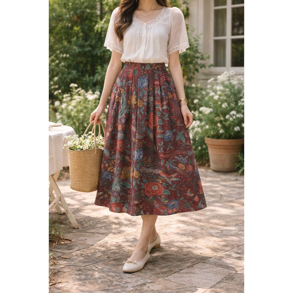 Jerri Sherman Vintage Wool Pleated Midi Skirt Burgundy Floral Pockets Size 2 NWT